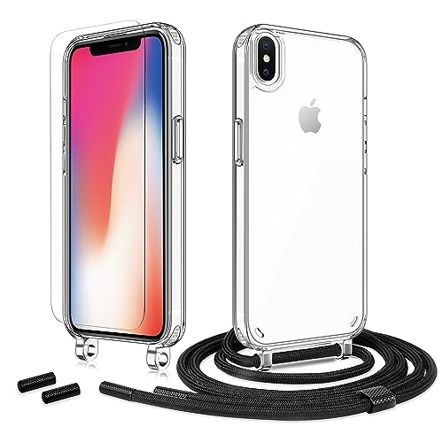 Anshow Handykette für iPhone XS Max Hülle mit Band + 1 Schutzfolie, Robust Necklace Extrem Stoßfest Handyhülle iPhone XS Max Case Transparent Schutzhülle zum Umhängeband Abnehmbar, Schwarz von Anshow