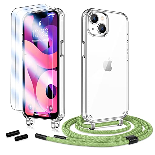 Anshow Hülle mit Band für iPhone 14 Plus, Handykette iPhone 14 Plus Hülle + 2 Schutzfolie, Stoßfest iPhone 14 Plus Case mit Handyband zum Umhängen, Clear iPhone 14 Plus Handyhülle mit Kette DarkGreen von Anshow