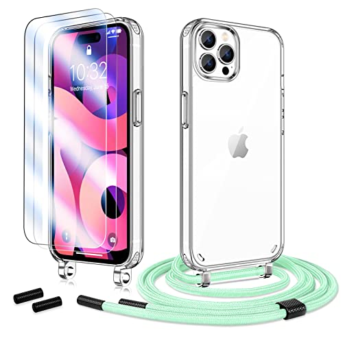 Anshow Hülle mit Band für iPhone 14 Pro Max, Handykette iPhone 14 Pro Max Hülle + 2 Schutzfolie, Stoßfest iPhone 14 Pro Max Case mit Handyband zum Umhängen, Clear Handyhülle mit Kette LightGreen von Anshow