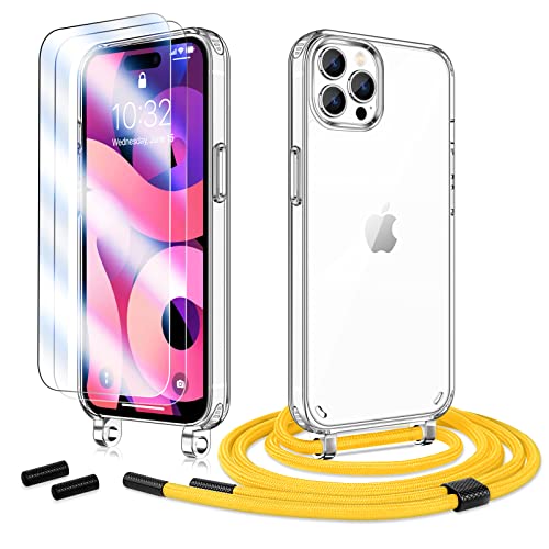 Anshow Hülle mit Band für iPhone 14 Pro Max, Handykette iPhone 14 Pro Max Hülle + 2 Schutzfolie, Stoßfest iPhone 14 Pro Max Case mit Handyband zum Umhängen, Clear Handyhülle mit Kette Gelb von Anshow