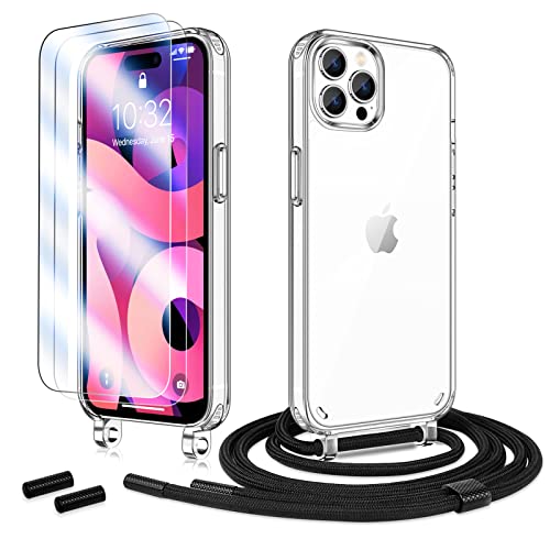 Anshow Hülle mit Band für iPhone 14 Pro Max, Handykette iPhone 14 Pro Max Hülle + 2 Schutzfolie, Stoßfest iPhone 14 Pro Max Case mit Handyband zum Umhängen, Clear Handyhülle mit Kette Schwarz von Anshow