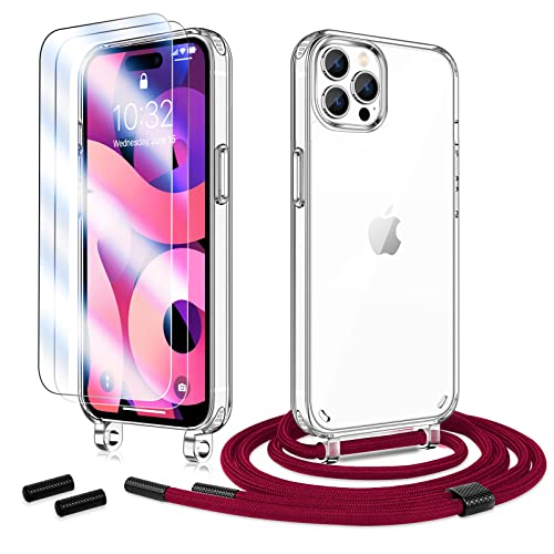 Anshow Hülle mit Band für iPhone 14 Pro Max, Handykette iPhone 14 Pro Max Hülle + 2 Schutzfolie, Stoßfest iPhone 14 Pro Max Case mit Handyband zum Umhängen, Clear Handyhülle mit Kette WineRed von Anshow