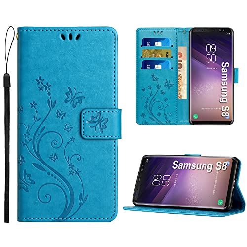 Anshow Kompatibel mit Samsung Galaxy S8 Hülle, Lederhülle Flip Wallet Leder Tasche Blumenmuster Klapphüllen Stoßfest Kartensteckplätzen Schutzhülle, Handyhülle für Samsung S8, Blau von Anshow