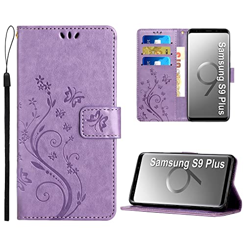 Anshow Kompatibel mit Samsung Galaxy S9 Plus Hülle, Lederhülle Flip Wallet Leder Tasche Blumenmuster Klapphüllen Stoßfest Kartensteckplätzen Schutzhülle, Handyhülle für Samsung S9 Plus, Helles Lila von Anshow