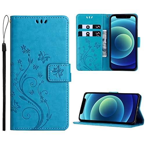 Anshow Kompatibel mit iPhone 13 Mini Hülle, Lederhülle Flip Wallet Leder Hülle Tasche Blumenmuster Klapphüllen Stoßfest Kartensteckplätzen Schutzhülle, Handyhülle für iPhone 13 Mini, Blau von Anshow