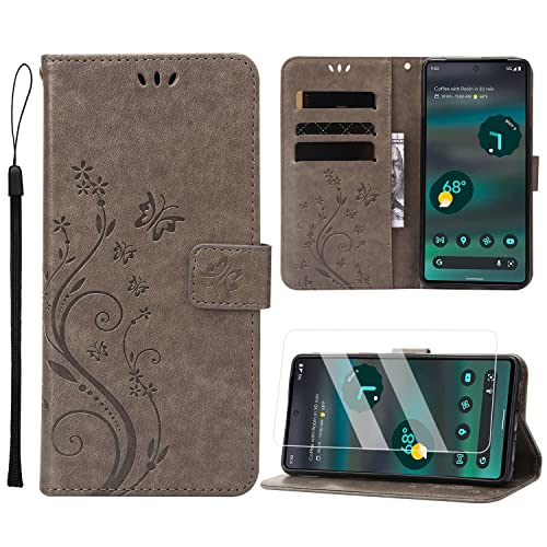 Anshow Lederhülle mit Google Pixel 6A Hülle und Schutzfolie, Handyhülle für Google Pixel 6A, Flip Wallet Hülle Leder Tasche Schutzhülle, Grau von Anshow