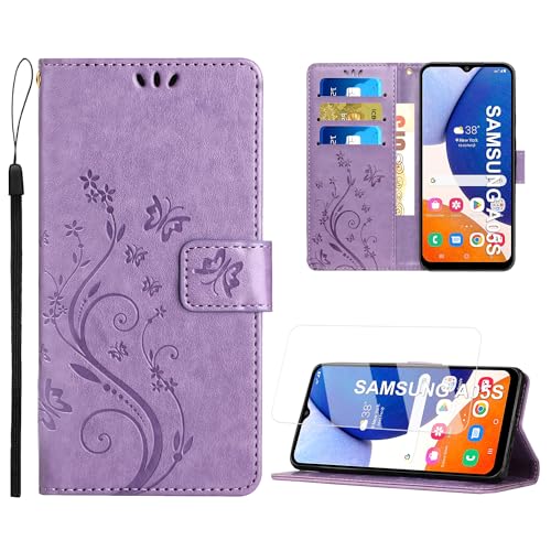 Anshow Lederhülle mit Samsung Galaxy A05S Hülle und Schutzfolie, Handyhülle für Samsung Galaxy A05S, Flip Wallet Hülle Leder Tasche Schutzhülle, Helles Lila von Anshow