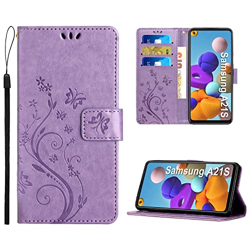 Anshow Lederhülle mit Samsung Galaxy A21S Hülle, Handyhülle für Samsung Galaxy A21S, Flip Wallet Hülle Leder Tasche Schutzhülle, Helles Lila von Anshow