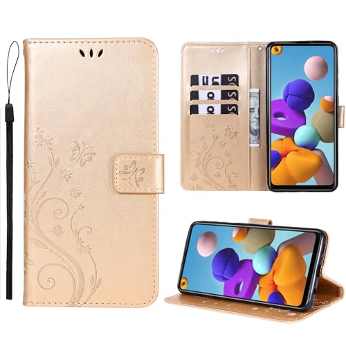 Anshow Lederhülle mit Samsung Galaxy A21S Hülle und Schutzfolie, Handyhülle für Samsung Galaxy A21S, Flip Wallet Hülle Leder Tasche Schutzhülle, Golden von Anshow