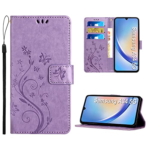 Anshow Lederhülle mit Samsung Galaxy A34 5G Hülle und Schutzfolie, Handyhülle für Samsung Galaxy A34 5G, Flip Wallet Hülle Leder Tasche Schutzhülle, Helles Lila von Anshow