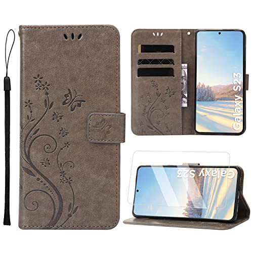 Anshow Lederhülle mit Samsung Galaxy S23 5G Hülle und Schutzfolie, Handyhülle für Samsung Galaxy S23 5G, Flip Wallet Hülle Leder Tasche Schutzhülle, Grau von Anshow