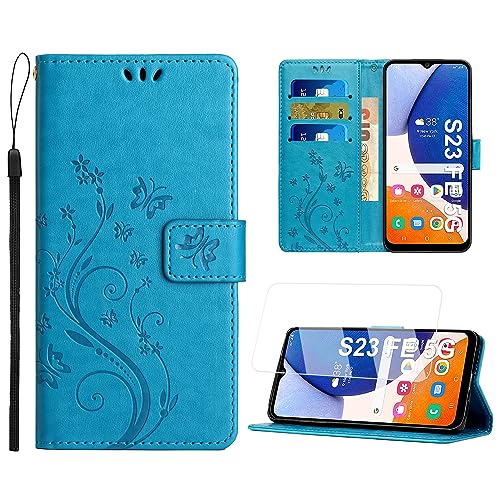 Anshow Lederhülle mit Samsung Galaxy S23 FE Hülle und Schutzfolie, Handyhülle für Samsung Galaxy S23 FE, Flip Wallet Hülle Leder Tasche Schutzhülle, Blau von Anshow