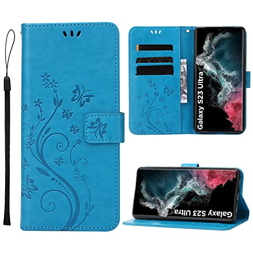 Anshow Lederhülle mit Samsung Galaxy S23 Ultra 5G Hülle, Handyhülle für Samsung Galaxy S23 Ultra 5G, Flip Wallet Hülle Leder Tasche Schutzhülle, Blau von Anshow