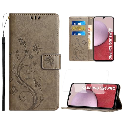 Anshow Lederhülle mit Samsung Galaxy S24 Plus Hülle und Schutzfolie, Handyhülle für Samsung Galaxy S24 Plus, Flip Wallet Hülle Leder Tasche Schutzhülle, Grau von Anshow