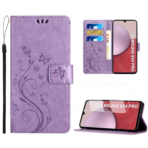 Anshow Lederhülle mit Samsung Galaxy S24 Plus Hülle und Schutzfolie, Handyhülle für Samsung Galaxy S24 Plus, Flip Wallet Hülle Leder Tasche Schutzhülle, Helles Lila von Anshow