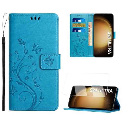 Anshow Lederhülle mit Samsung Galaxy S24 Ultra Hülle, Handyhülle für Samsung Galaxy S24 Ultra, Flip Wallet Hülle Leder Tasche Schutzhülle, Blau von Anshow