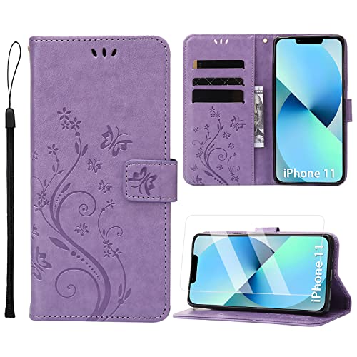 Anshow Lederhülle mit iPhone 11 Hülle und Schutzfolie, Handyhülle für iPhone 11, Flip Wallet Hülle Leder Tasche Schutzhülle, Helles Lila von Anshow