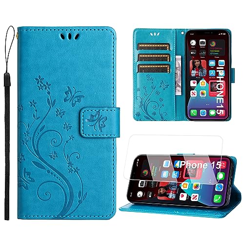 Anshow Lederhülle mit iPhone 15 Hülle und Schutzfolie, Handyhülle für iPhone 15, Flip Wallet Hülle Leder Tasche Schutzhülle, Blau von Anshow