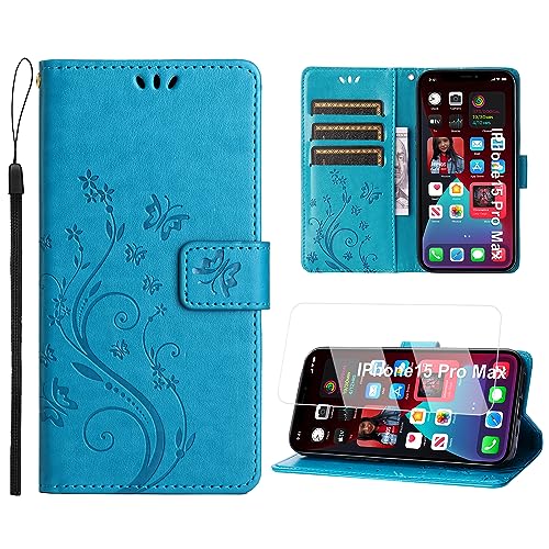 Anshow Lederhülle mit iPhone 15 Pro Max Hülle und Schutzfolie, Handyhülle für iPhone 15 Pro Max, Flip Wallet Hülle Leder Tasche Schutzhülle, Blau von Anshow