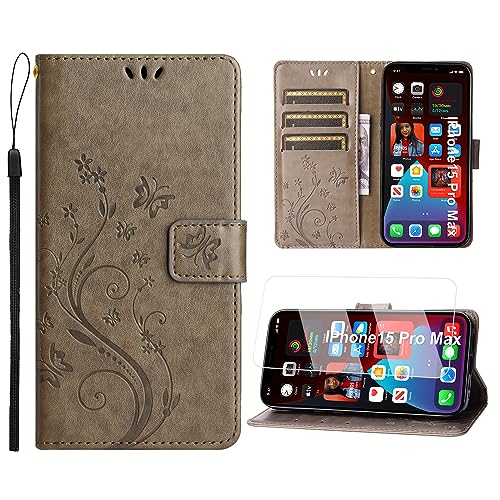 Anshow Lederhülle mit iPhone 15 Pro Max Hülle und Schutzfolie, Handyhülle für iPhone 15 Pro Max, Flip Wallet Hülle Leder Tasche Schutzhülle, Grau Anshow Lederhülle mit iPhone 15 Pro Max Hülle und Schutzfolie, Handyhülle für iPhone 15 Pro Max, Flip Wallet Hülle Leder Tasche Schutzhülle, Grau von Anshow
