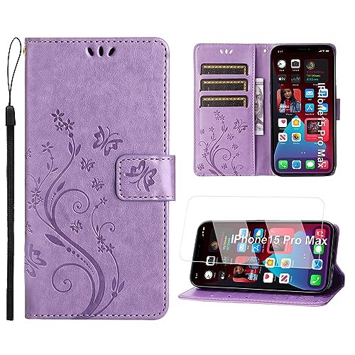 Anshow Lederhülle mit iPhone 15 Pro Max Hülle und Schutzfolie, Handyhülle für iPhone 15 Pro Max, Flip Wallet Hülle Leder Tasche Schutzhülle, Helles Lila Anshow Lederhülle mit iPhone 15 Pro Max Hülle und Schutzfolie, Handyhülle für iPhone 15 Pro Max, Flip Wallet Hülle Leder Tasche Schutzhülle, Helles Lila von Anshow