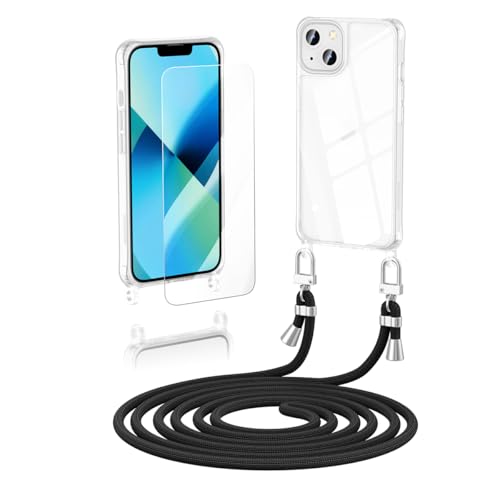 Anshow Verbesserte Handykette für iPhone 13 Mini Hülle mit Band + 1 Schutzfolie, Necklace Stoßfest Handyhülle iPhone 13 Mini Case Transparent Schutzhülle zum Umhängeband Abnehmbar, Schwarz von Anshow