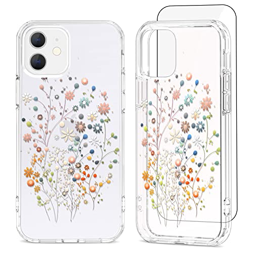 Anshow für iPhone 12/iPhone 12 Pro Hülle Blumen, mit Displayschutz Schutzfolie, Blumen Klar Stoßfest Kratzfestes Weiche Handyhülle Schutzhülle für Frauen, Süße kleine Blüte/Klare Handyhülle von Anshow