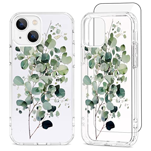 Anshow für iPhone 13 Pro Hülle Blätter, [Kunst auf Mobiltelefonen] mit Displayschutzfolie, Klar Stoßfest Kratzfestes Weiche Schutzhülle, Wasserfarben Eukalyptus/Transparente Handyhülle von Anshow