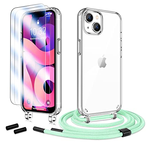 Hülle mit Band für iPhone 14 Plus, ANSHOW Handykette iPhone 14 Plus Hülle + 2 Schutzfolie, Stoßfest iPhone 14 Plus Case mit Handyband zum Umhängen, Clear iPhone 14 Plus Handyhülle mit Kette LightGreen von Anshow