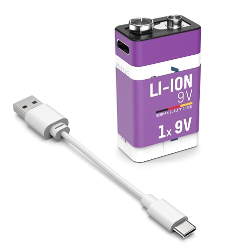 ANSMANN 1x 9V E-Block Akku Li-Ion mit USB Typ-C Anschluss, wiederaufladbar über USB-C/Hohe Leistung von 9 Volt & 400 mAh/Geeignet für Rauchmelder, Fernsteuerung, Spielzeug, Funkgeräte von Ansmann