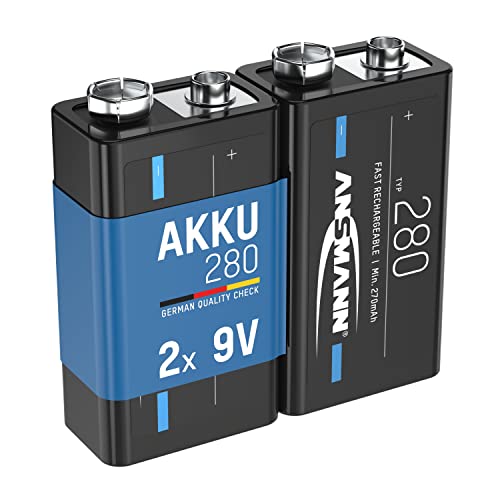 ANSMANN Akku E-Block 9V 280 mAh NI-MH, 2 Stück, geringe Selbstentladung, wiederaufladbar, ideal für Fernsteuerung, Messgeräte, Multimeter, Mikrofon von Ansmann