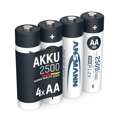 ANSMANN Akku AA 2500 mAh NiMH 1,2 V (4 Stück) - Mignon AA Batterien wiederaufladbar, maxE sorgt für äußerst geringe Selbstentladung für jahrelangen Einsatz von Ansmann