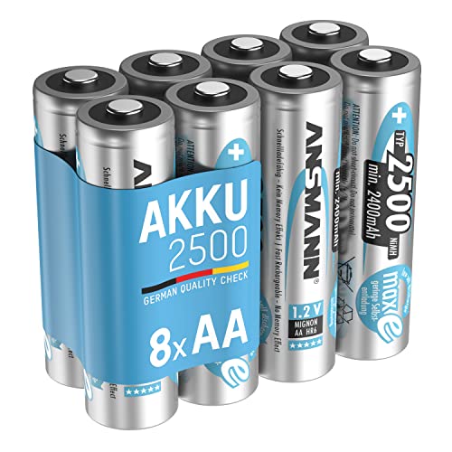 ANSMANN Akku AA 2500 mAh NiMH 1,2 V (8 Stück) - Mignon AA Batterien wiederaufladbar, maxE geringe Selbstentladung, Nickel Metallhydrid, jahrelange Lagerfähigkeit mit hoher Kapazität von Ansmann