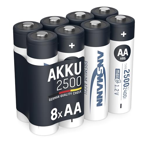 ANSMANN Akku AA 2500 mAh NiMH 1,2 V (8 Stück) - Mignon AA Batterien wiederaufladbar, maxE geringe Selbstentladung, Nickel Metallhydrid, jahrelange Lagerfähigkeit mit hoher Kapazität von Ansmann