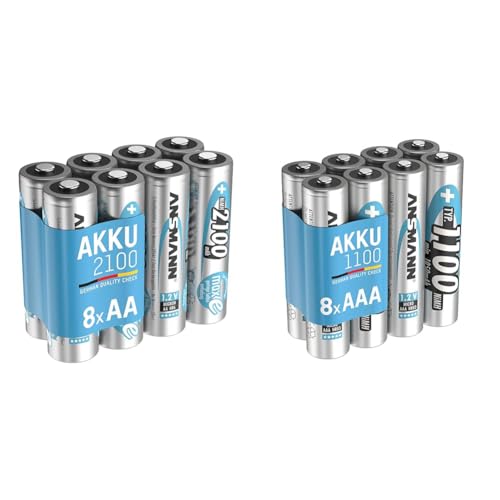 ANSMANN Akku AA Mignon 2100mAh 1,2V NiMH & Akku AAA Typ 1100 mAh (min. 1050 mAh) NiMH 1,2 V (8 Stück) von Ansmann