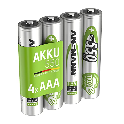 ANSMANN Akku AAA 550 mAh NiMH 1,2 V (4 Stück) - Micro AAA Batterien wiederaufladbare Zellen, maxE gewährleistet äußerst geringe Selbstentladung für jahrelangen Einsatz von Ansmann