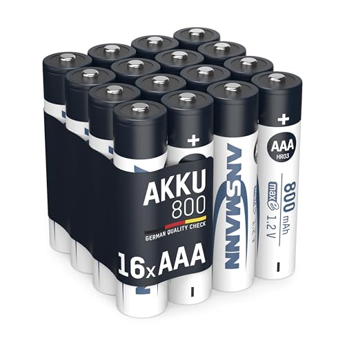 ANSMANN Akku AAA Micro 800mAh 1,2V NiMH 16 Stück für Geräte mit hohem Stromverbrauch - Wiederaufladbare Batterien maxE - Akkus für Spielzeug Taschenlampe Stirnlampe uvm - Rechargeable Batteries von Ansmann