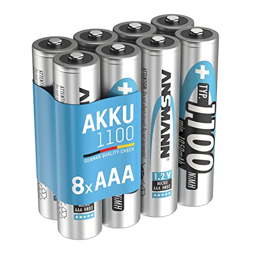 ANSMANN Akku AAA Typ 1100 mAh 8 Stück (min. 1050 mAh) NiMH 1,2 V - Micro AAA Batterien, wiederaufladbar, hohe Kapazität für hohen Strombedarf, Vorgeladen und sofort einsatzbereit, extrem langlebig von Ansmann