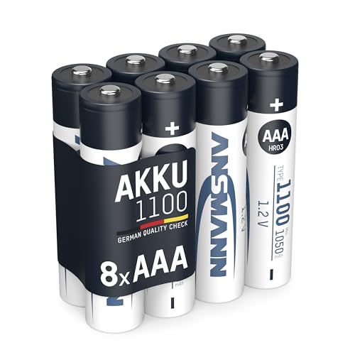 ANSMANN Akku AAA Typ 1100 mAh 8 Stück (min. 1050 mAh) NiMH 1,2 V - Micro AAA Batterien, wiederaufladbar, hohe Kapazität für hohen Strombedarf, Vorgeladen und sofort einsatzbereit, extrem langlebig von Ansmann