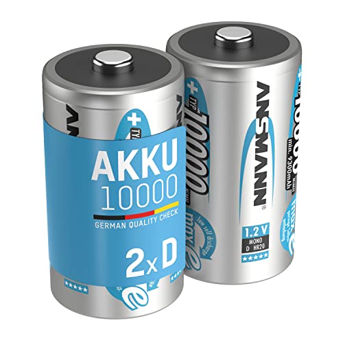 ANSMANN Akku D 10000 mAh NiMH 1,2 V (2 Stück) - Mono D Batterien wiederaufladbar, hohe Kapazität & maxE geringe Selbstentladung für hohen Strombedarf & jahrelangen Einsatz, silber/schwarz, 5030642 von Ansmann