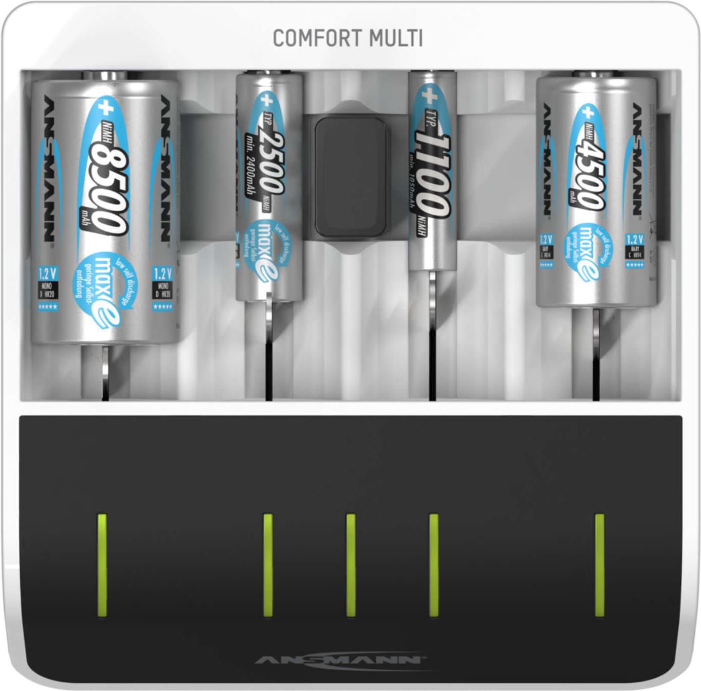 ANSMANN Comfort Multi - 1,5 Std. USB-Batterieladegerät - (für AA, AAA, C, D, 9V) - 800 mA - Schwarz, weiß (1001-0093) von Ansmann