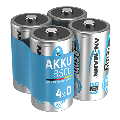 ANSMANN Mono D Akkus Typ 8500 1,2 Volt (4 Stück) - Mono-D Batterien wiederaufladbar, mit äußerst geringer Selbstentladung / Einsatz in Garagentüröffner, Waage, Uhr, Digitalkamera von Ansmann