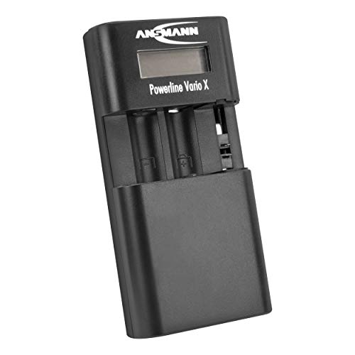 ANSMANN Powerline Vario X Akku-Ladegerät, Passend für Kamera-Akkupacks aus Li-Ion, LiPo, NiMH oder je 2X Mignon AA oder 2X Micro AAA Akkus Verstellbare Höhe des Ladeschachtes von Ansmann