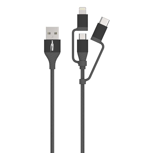 ANSMANN USB 3-in-1 Ladekabel Micro-USB/Type-C/Lightning Adapter, Apple MFi-zertifiziert, Datenkabel mit 480 Mbit/s, robuster Textilmantel und Aluminiumgehäuse, 120cm, anthrazit von Ansmann