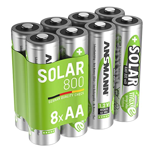 Ansmann Akku AA Mignon 800mAh 1,2V NiMH für Solarlampen 8 Stück-Wiederaufladbare Batterien mit geringer Selbstentladung maxE-Akkus ideal für Solarleuchten im Garten-Rechargeable Battery, Silber/Grün von Ansmann