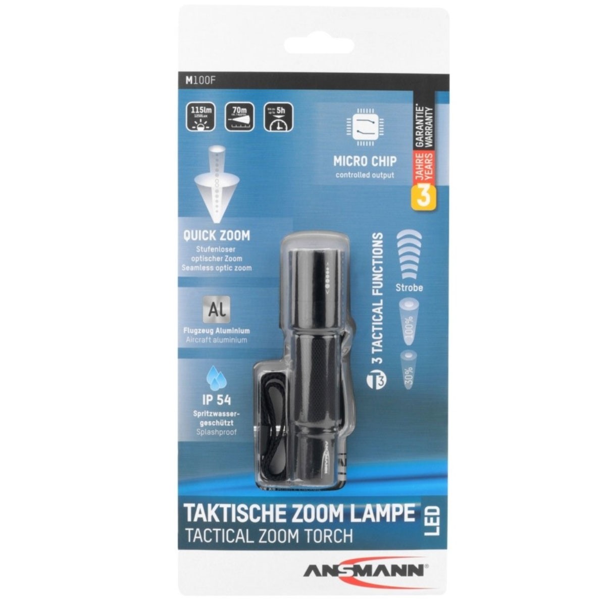 Ansmann M100F die taktische Taschenlampe mit stufenloser Fokussierung, inkluisve 1x Mignon AA Batterie, abnehmbarem Halteclip und Handschlaufe Ansmann M100F die taktische Taschenlampe mit stufenloser Fokussierung, inkluisve 1x Mignon AA Batterie, abnehmbarem Halteclip und Handschlaufe von Ansmann