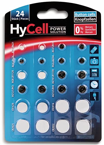 HyCell 24x Knopfzellen-Sparset/Je 2X CR2032 CR2025 CR2016 CR1620 LR41 LR43 LR44 LR626 LR621 LR754 LR1120 LR1130 / Ideal für Autoschlüssel TAN-Gerät Kinderspielzeug Uhren etc. von Ansmann