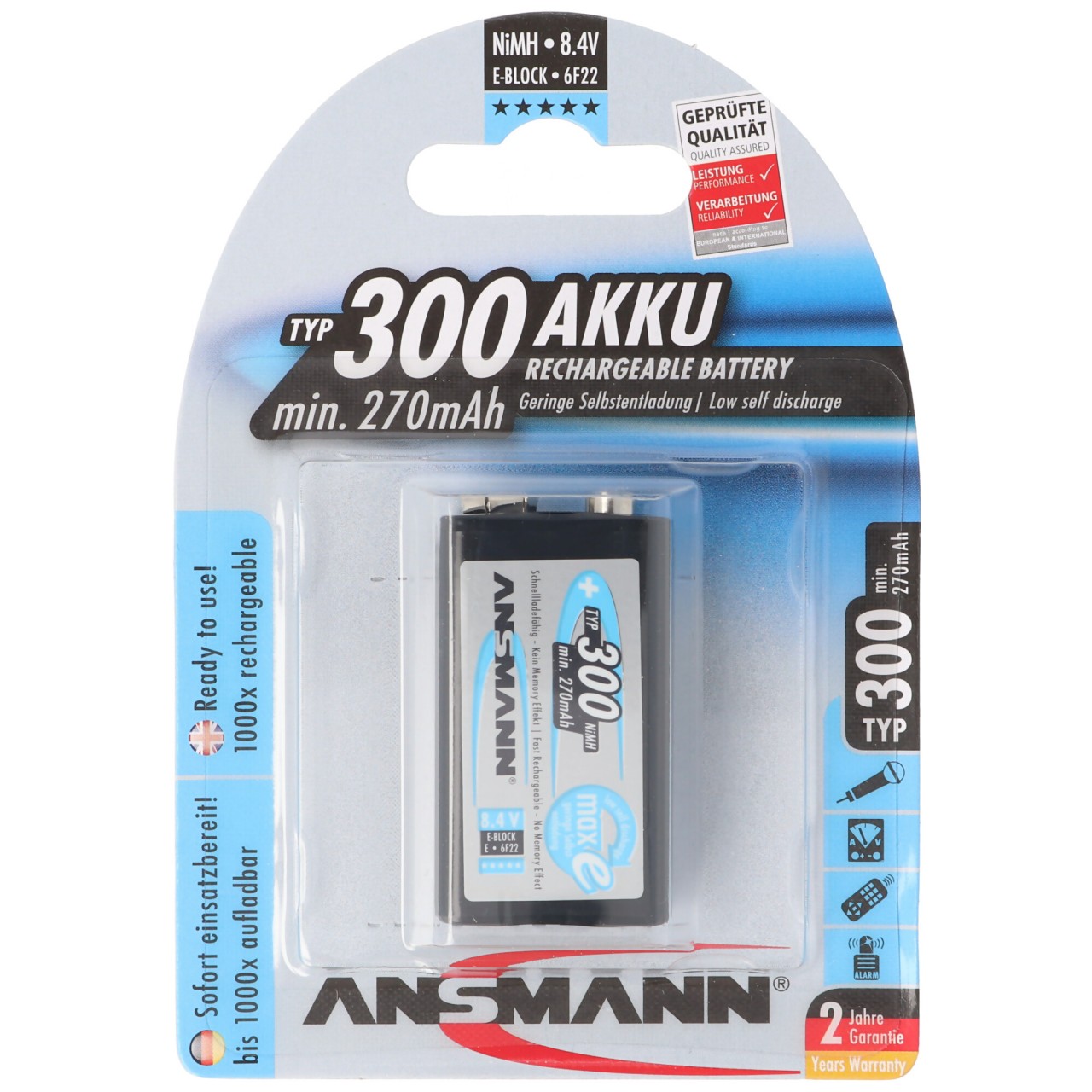NiMH E Typ. 300 min. 270mAh NiMH-Akku 9V-Block E, 6F22, 8.4 Volt NiMH E Typ. 300 min. 270mAh NiMH-Akku 9V-Block E, 6F22, 8.4 Volt von Ansmann