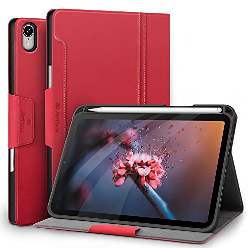 Antbox Hülle für iPad Mini 7 (A17 Pro) 2024 / iPad Mini 6. Gen 2021 8.3 Zoll mit Stifthalter Pencil Halter Auto Schlaf/Wach Funktion PU Ledertasche Schutzhülle Smart Cover mit Stand Funktion (Rot) von Antbox
