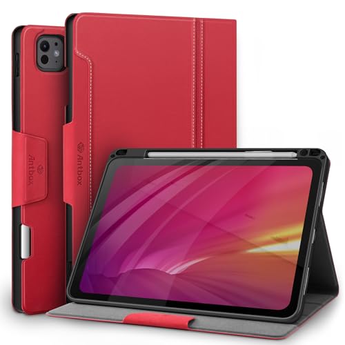 Antbox Hülle für iPad Pro 11 Zoll Hülle M4 2024 mit Stifthalter Pencil Halter Auto Schlaf/Wach Funktion PU Ledertasche Schutzhülle (Rot) von Antbox